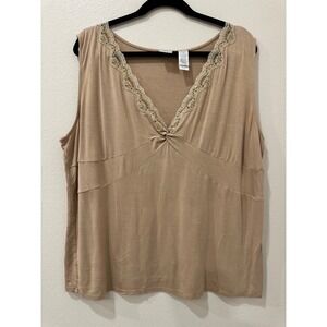 Emma James Woman Tan Lace Trim V-Neck Sleeveless Knit Top Plus Size 2X